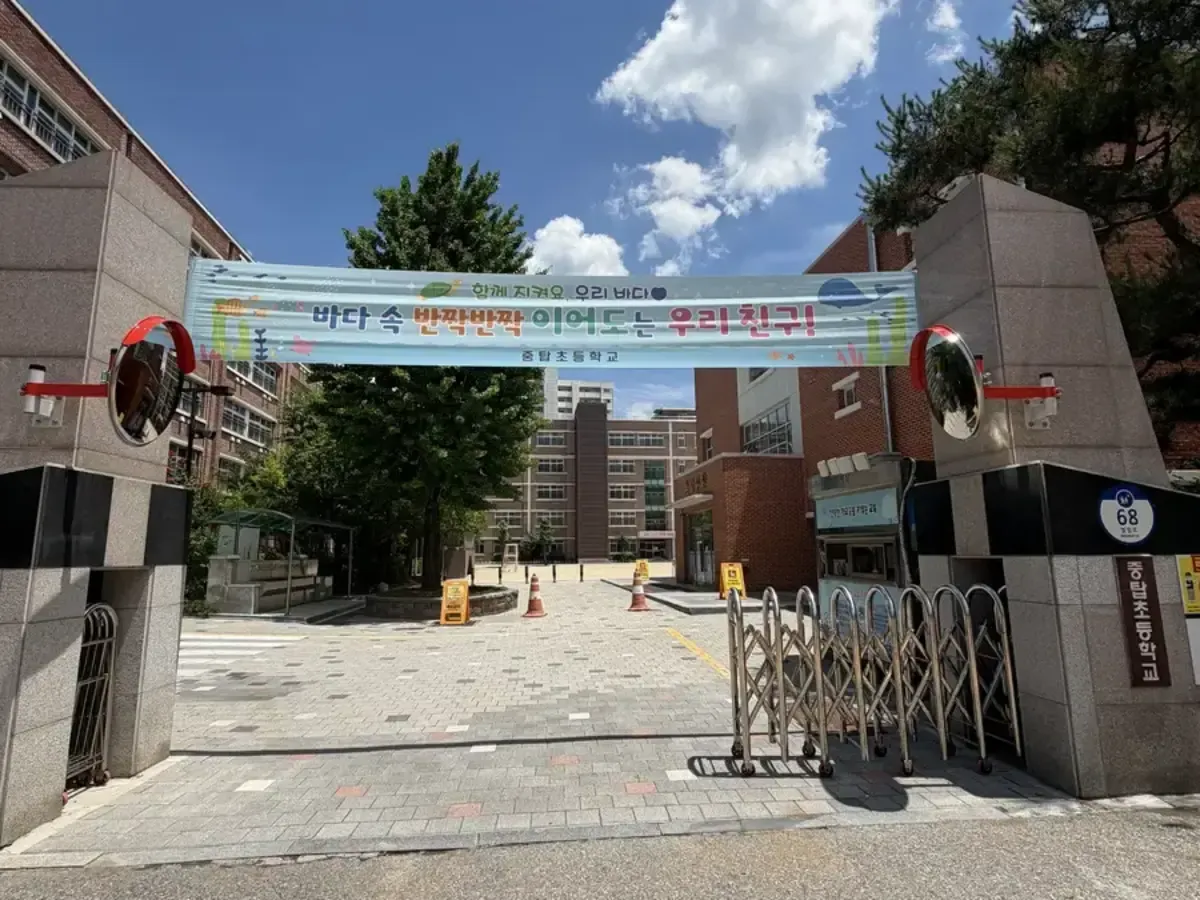 학교 정문 양쪽 기둥에 설치된 도로반사경 전경